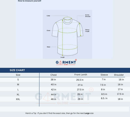 Garment Globe size chart for measuring t-shirts, including sizes S to XXL with chest and length dimensions.
