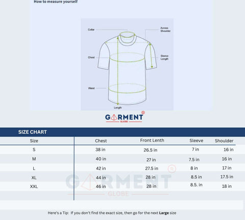 Size chart for measuring t-shirt sizes including S, M, L, XL, and XXL with measurements in inches.
