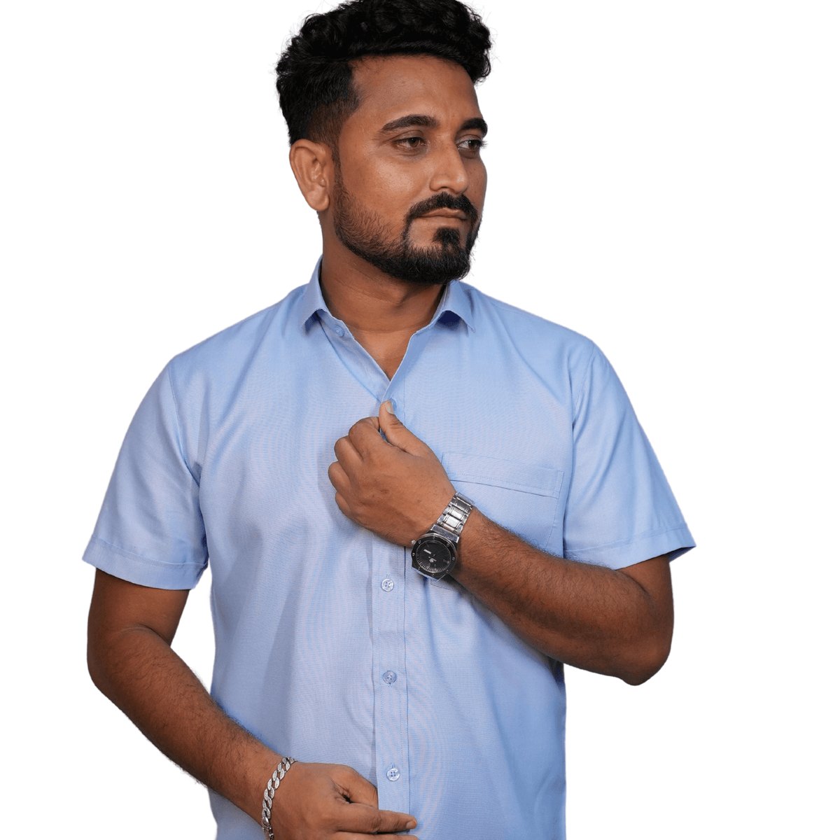 Men's Chambray Half-Sleeve Shirt – Opaque Casual - GarmentGlobe Style View 6