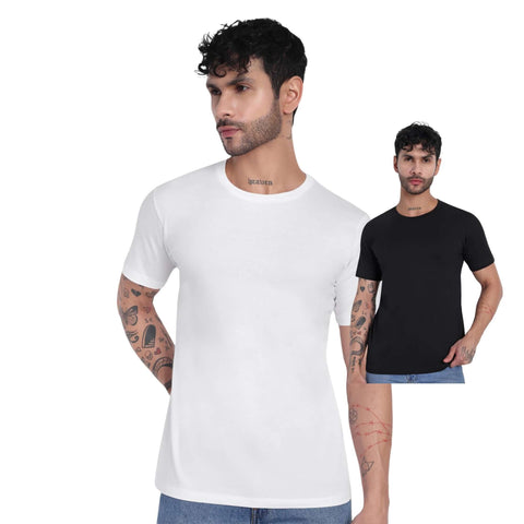Pack of 2 plain cotton round-neck t-shirts for men in black and white, offering comfort and style.