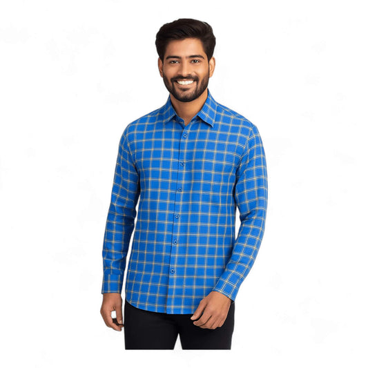 Garment Globe Men's Blue Check Shirt Khadi Cotton, Office & Home - GarmentGlobe