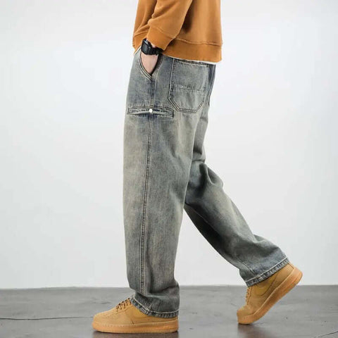American Casual Yellow Mud Dyed Jeans Straight Loose GarmentGlobe