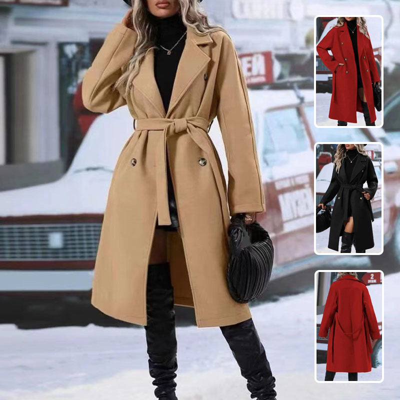Lapel Double-breasted Trench Coat With Belt Winter Fashion Solid Color Long Jacket Outwear Women Clothing GarmentGlobe