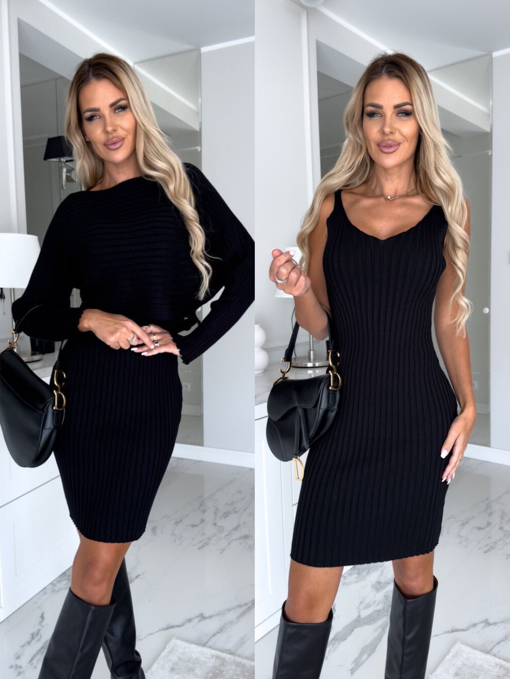 2pcs Suit Women's Solid Stripe Long - sleeved Top And Tight Suspender Skirt Fashion Autumn Winter Slim Clothing - GarmentGlobe