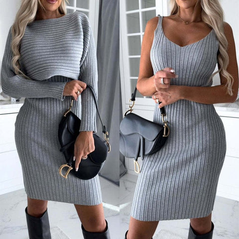 2pcs Suit Women's Solid Stripe Long - sleeved Top And Tight Suspender Skirt Fashion Autumn Winter Slim Clothing - GarmentGlobe
