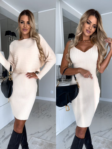 2pcs Suit Women's Solid Stripe Long - sleeved Top And Tight Suspender Skirt Fashion Autumn Winter Slim Clothing - GarmentGlobe