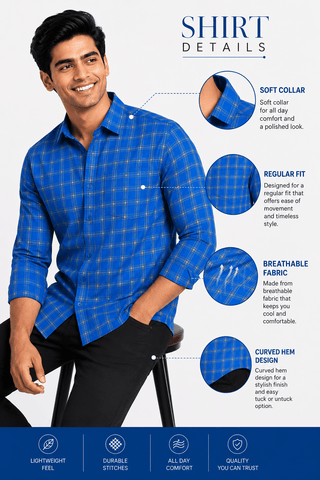 Garment Globe Men's Blue Check Shirt Khadi Cotton, Office & Home
