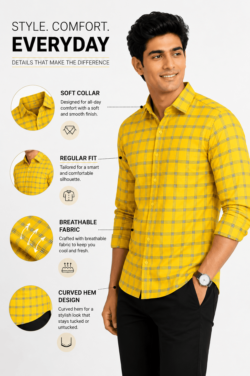 Men's Blue Check Shirt  Cotton, Office & Home - GarmentGlobe Style View 7