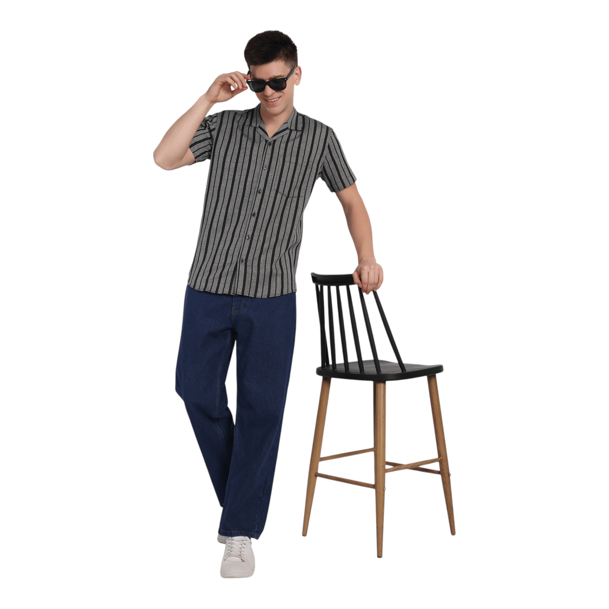 Full outfit – men’s half-check jute shirt paired with casual pants standing 