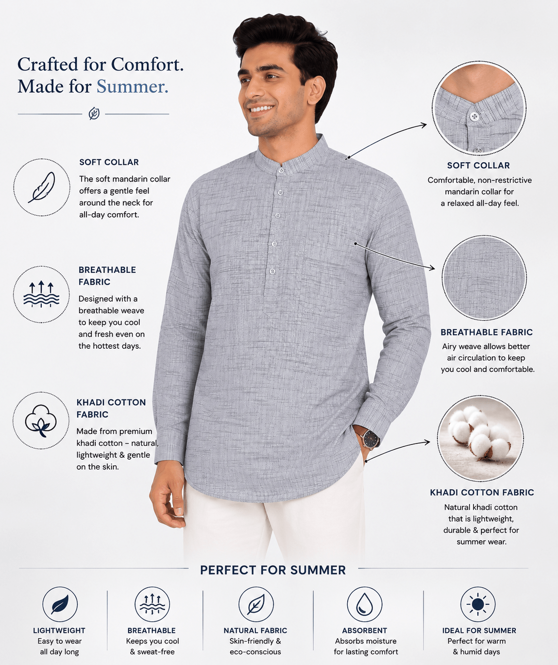 Men’s Khadi Cotton Short Kurta  Pure, tight shirt