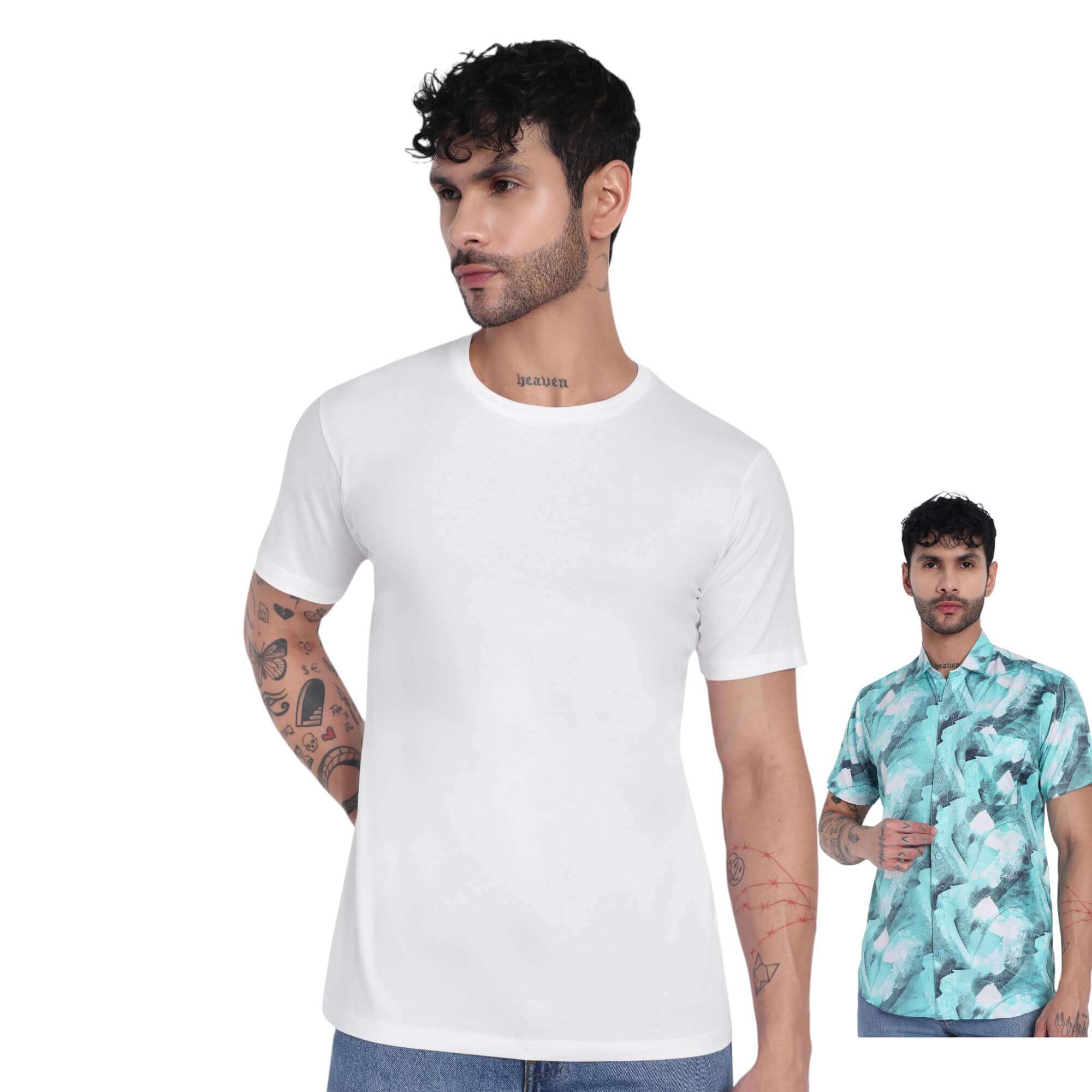 White 100% cotton t-shirt paired with check polycotton half shirt for men, ideal for casual and formal wear.