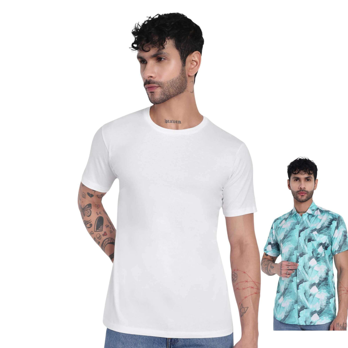 White 100% cotton t-shirt paired with check polycotton half shirt for men, ideal for casual and formal wear.