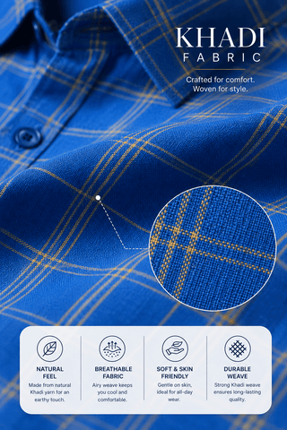 Garment Globe Men's Blue Check Shirt Khadi Cotton, Office & Home